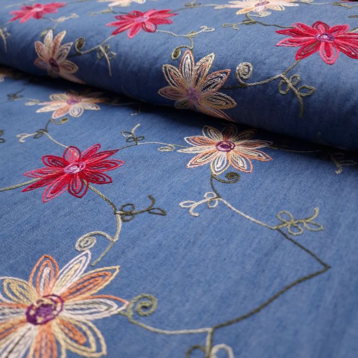 Embroidered denim fabric by sales the yard