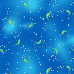 Laurel Burch Celestial Magic Fabric | Moon Blue Metallic