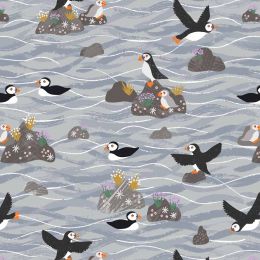 Puffin Bay Lewis & Irene Fabric | Puffins On Rocks Grey
