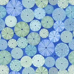 Chalki Lewis & Irene Fabric | Sea Urchin Shells Blue on Greek Blue